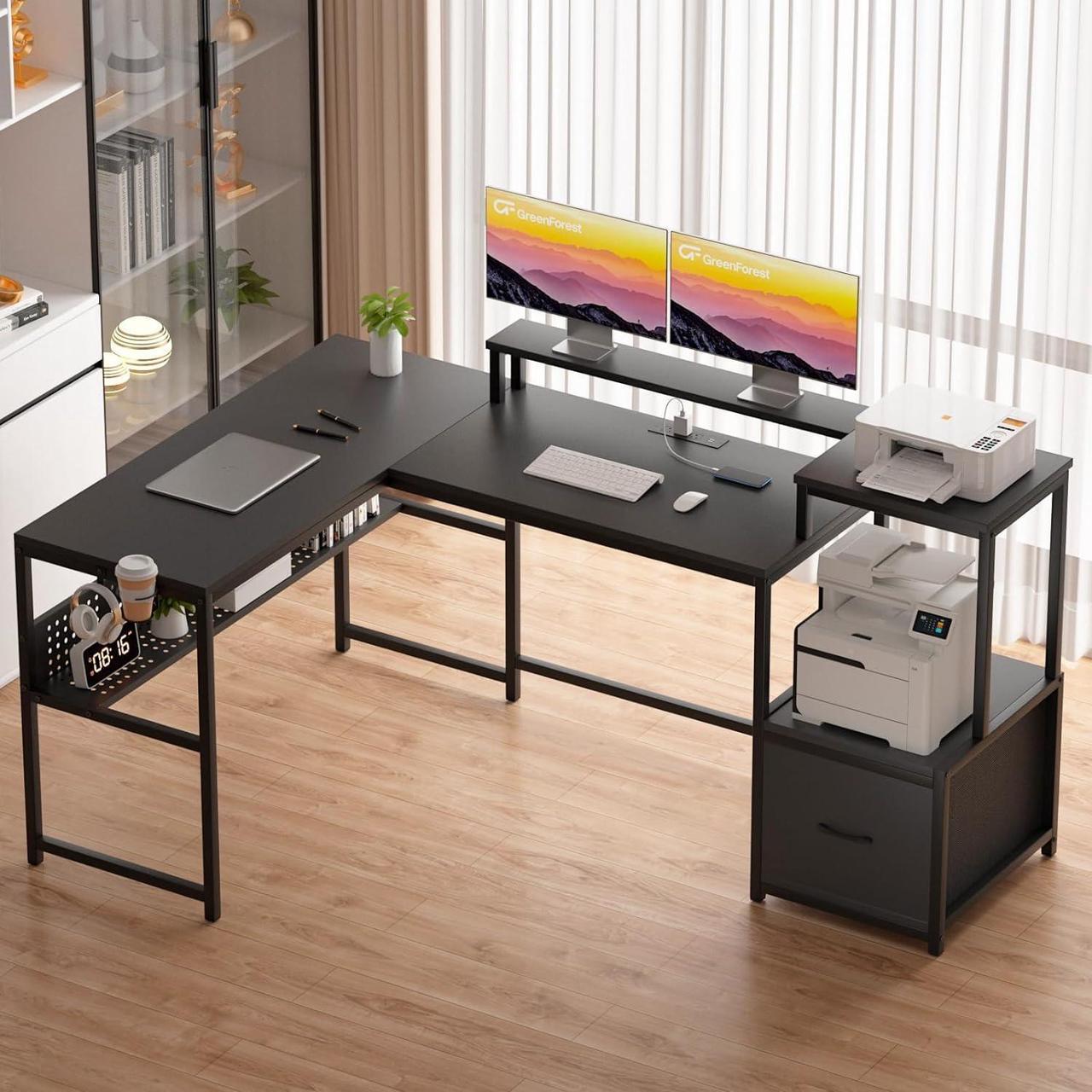 Alt view image 7 of 7 - GreenForest 69 inch L Shaped Computer Desk, Corner Desk with Drawers and Power Outlet, Home Office Desk, Gaming Table with Storage and Long Monitor Shelf, Black
