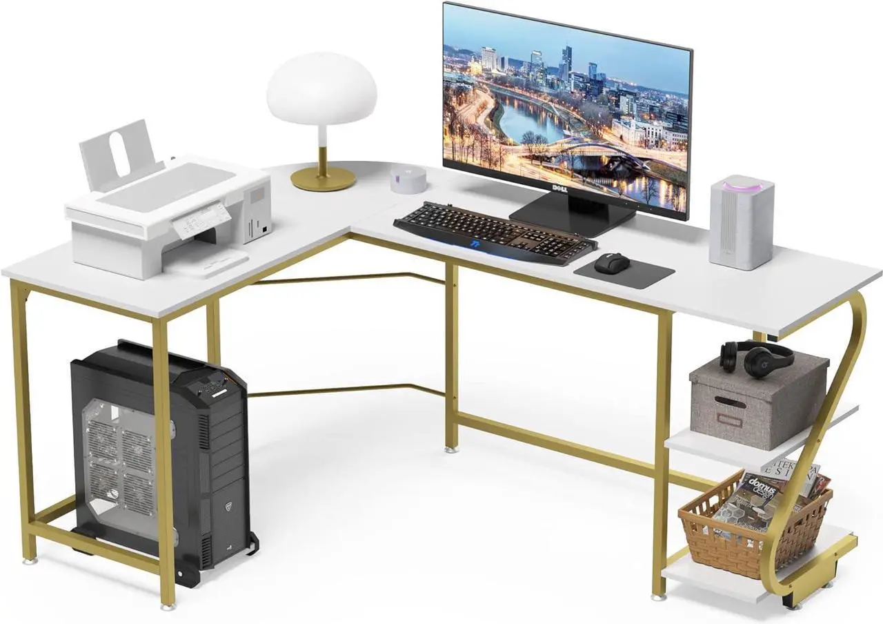 Main image of Weehom L Shape Desk with Shelves Computer Desk Monitor Shelf and Printer Storage Round Corner Table for Home Office White Gold