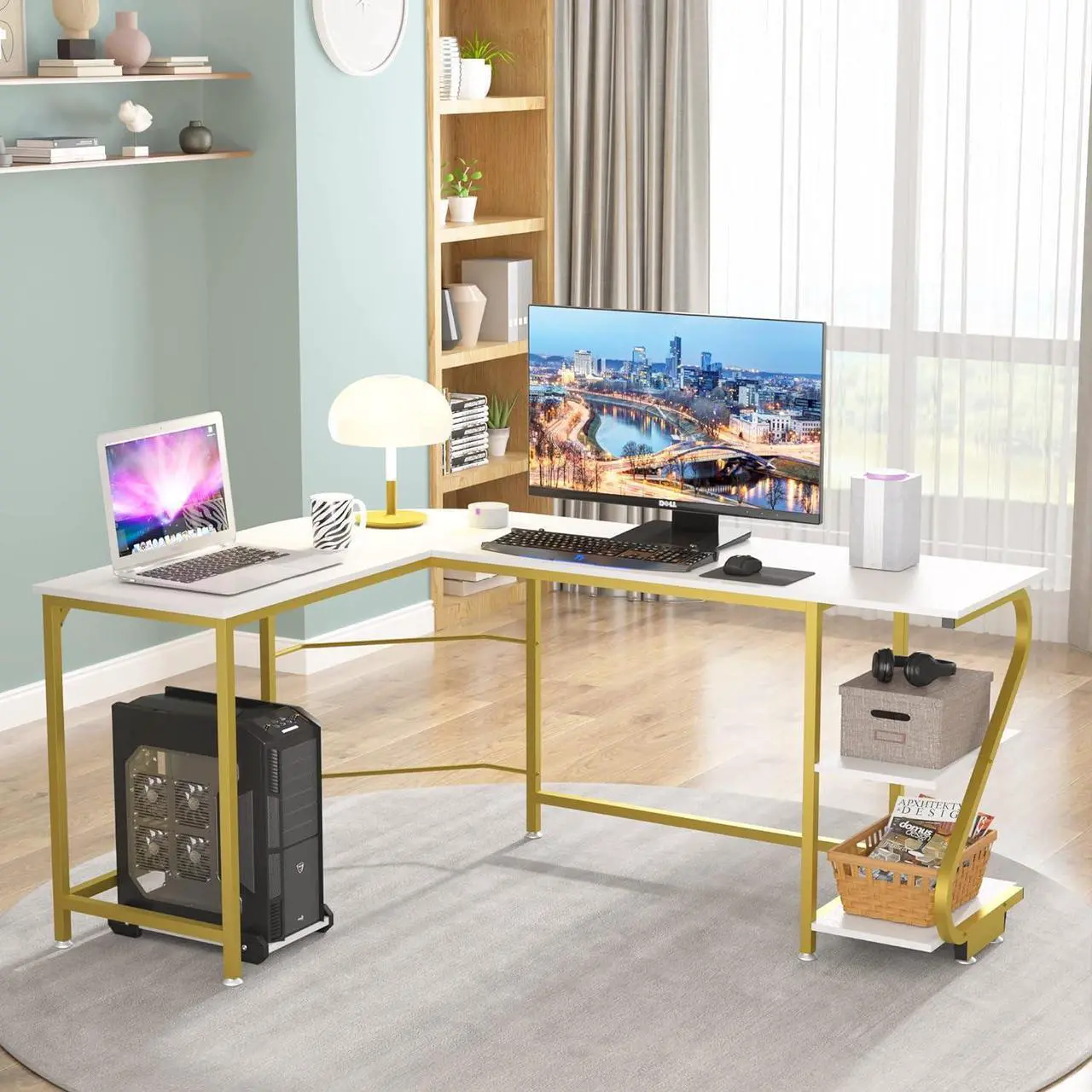 Alt view image 2 of 7 - Weehom L Shape Desk with Shelves Computer Desk Monitor Shelf and Printer Storage Round Corner Table for Home Office White Gold