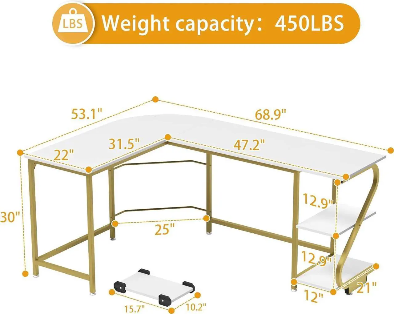Alt view image 3 of 7 - Weehom L Shape Desk with Shelves Computer Desk Monitor Shelf and Printer Storage Round Corner Table for Home Office White Gold