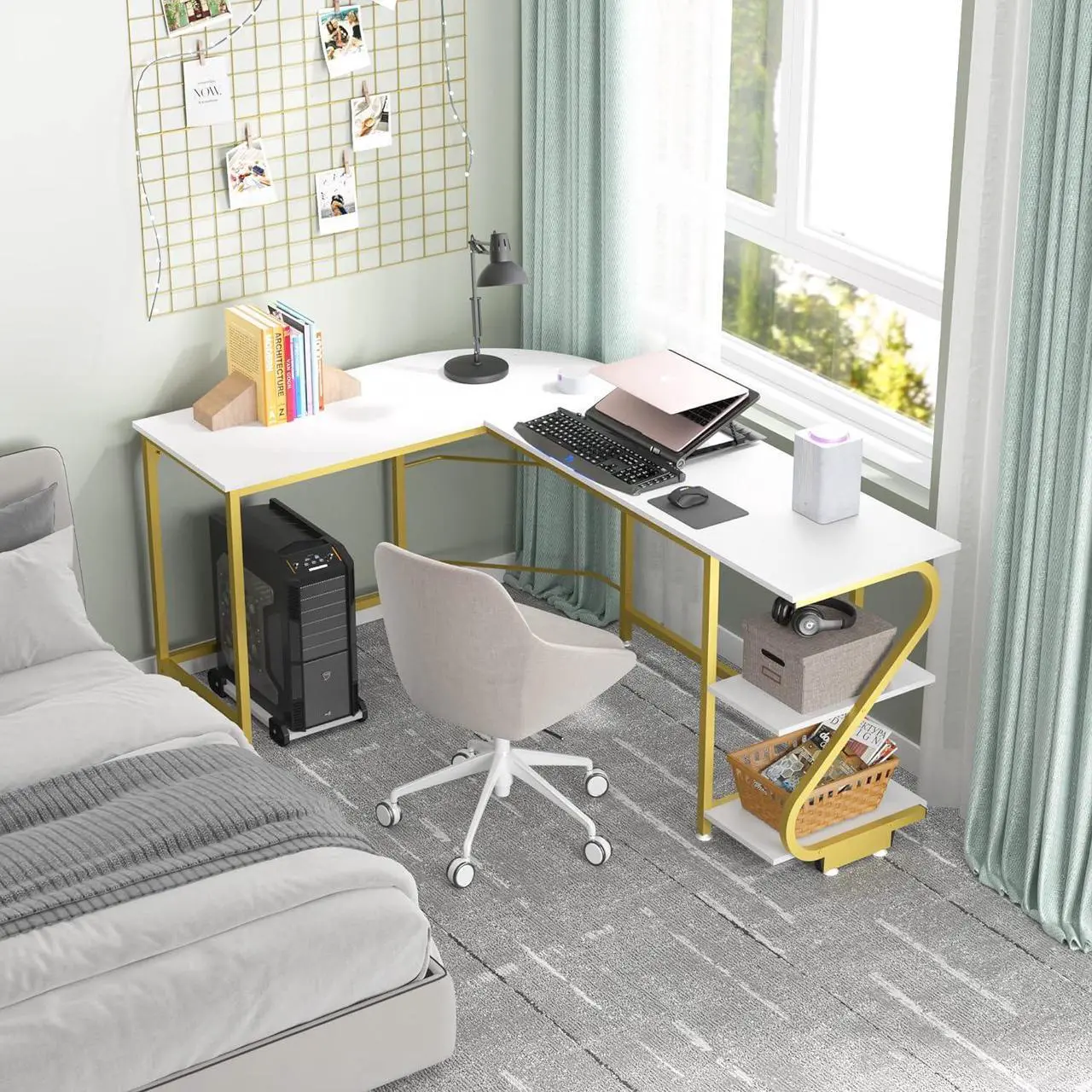 Alt view image 4 of 7 - Weehom L Shape Desk with Shelves Computer Desk Monitor Shelf and Printer Storage Round Corner Table for Home Office White Gold