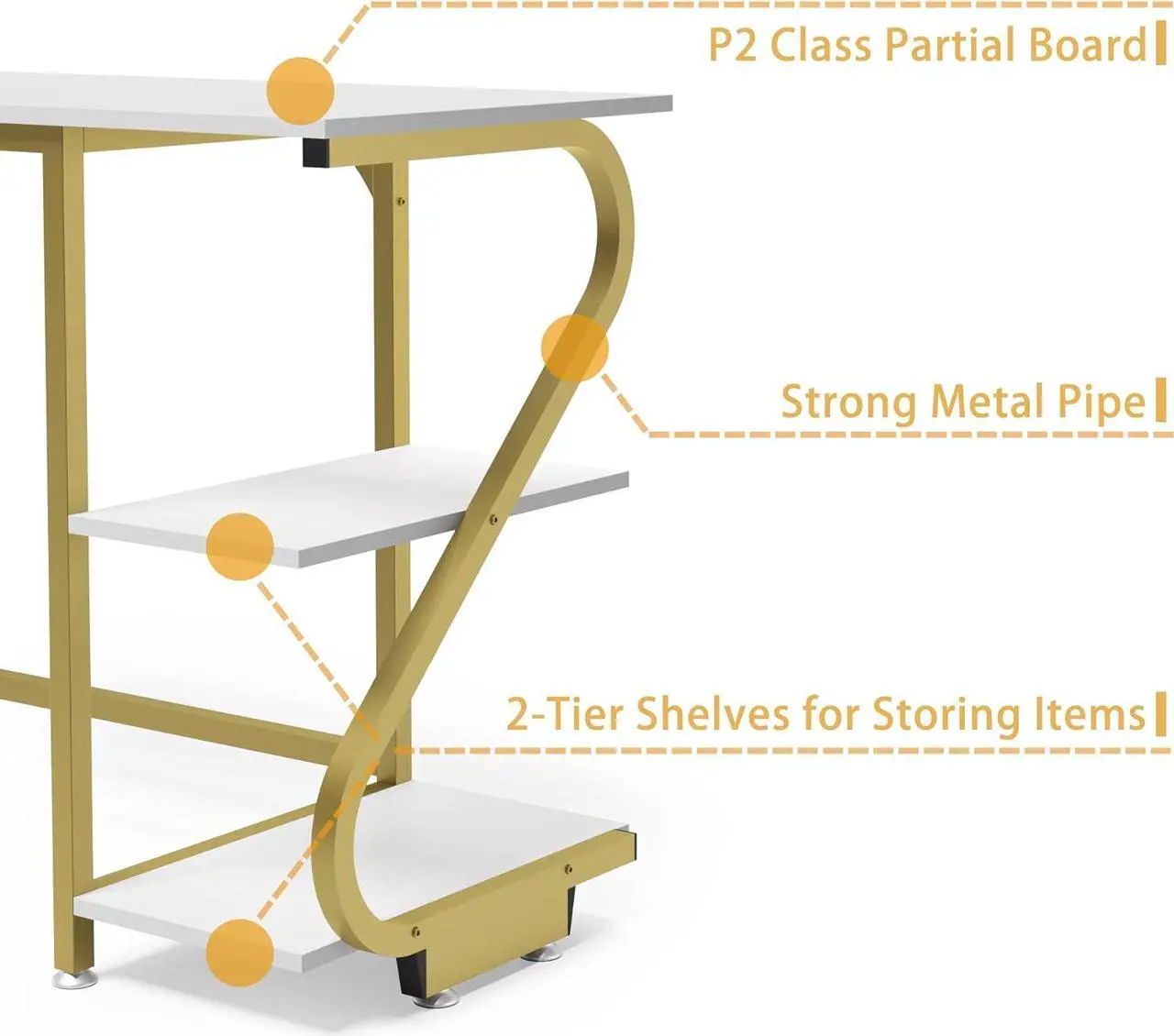 Alt view image 6 of 7 - Weehom L Shape Desk with Shelves Computer Desk Monitor Shelf and Printer Storage Round Corner Table for Home Office White Gold