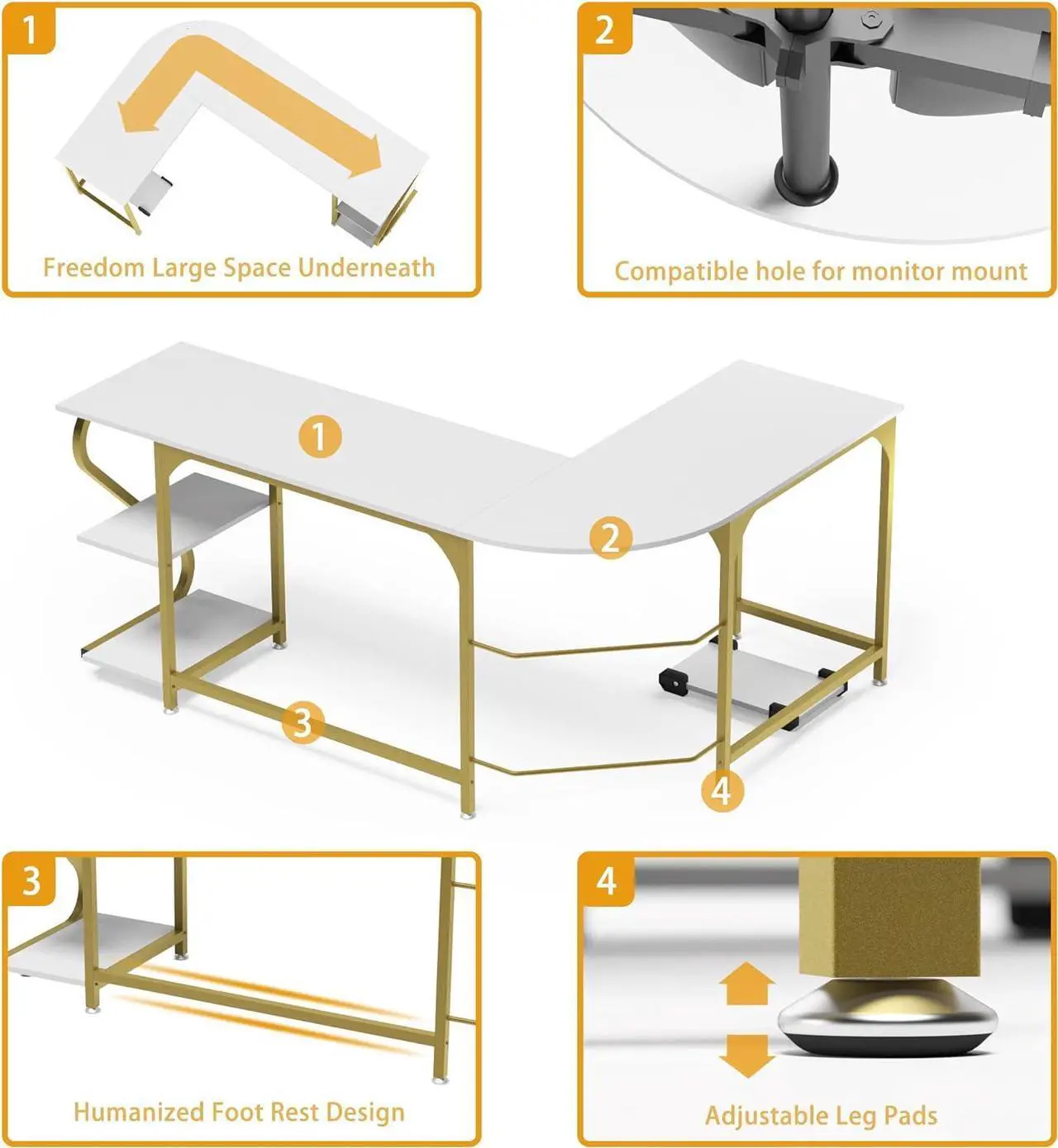 Alt view image 7 of 7 - Weehom L Shape Desk with Shelves Computer Desk Monitor Shelf and Printer Storage Round Corner Table for Home Office White Gold