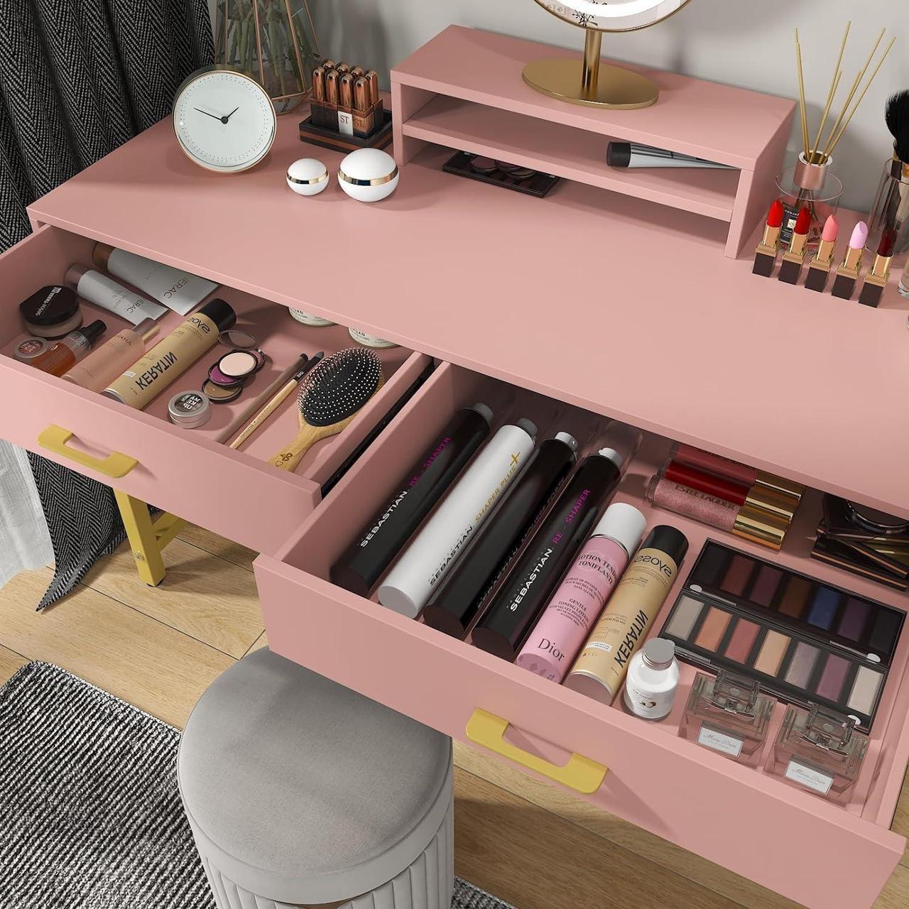 Alt view image 2 of 7 - WESTREE Women Makeup Vanity Desk with 2 Drawers - Bedroom Home Office Desk, Wooden Height Monitor Stand & Storage Shelf Without Mirror, Pink Table Great Gift for Her