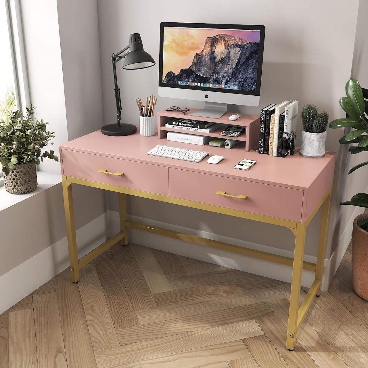 Alt view image 3 of 7 - WESTREE Women Makeup Vanity Desk with 2 Drawers - Bedroom Home Office Desk, Wooden Height Monitor Stand & Storage Shelf Without Mirror, Pink Table Great Gift for Her