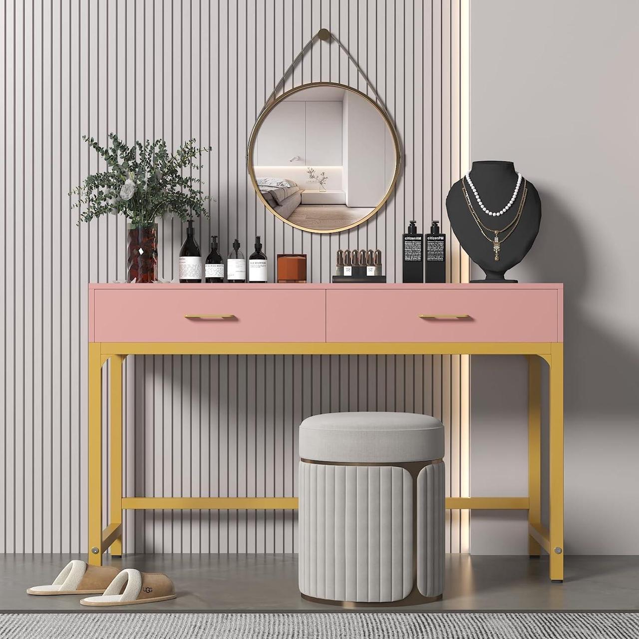 Alt view image 4 of 7 - WESTREE Women Makeup Vanity Desk with 2 Drawers - Bedroom Home Office Desk, Wooden Height Monitor Stand & Storage Shelf Without Mirror, Pink Table Great Gift for Her