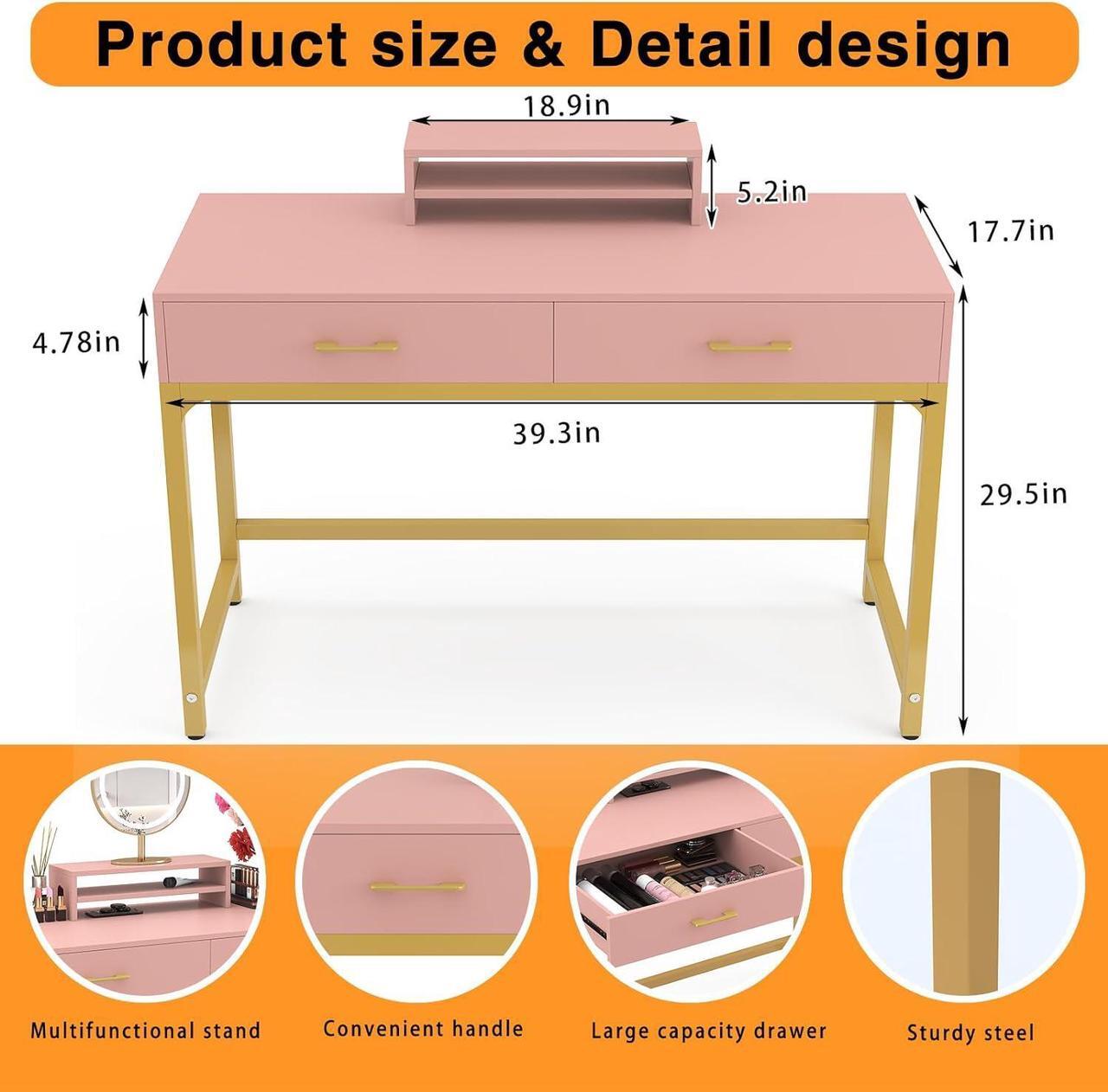 Alt view image 6 of 7 - WESTREE Women Makeup Vanity Desk with 2 Drawers - Bedroom Home Office Desk, Wooden Height Monitor Stand & Storage Shelf Without Mirror, Pink Table Great Gift for Her