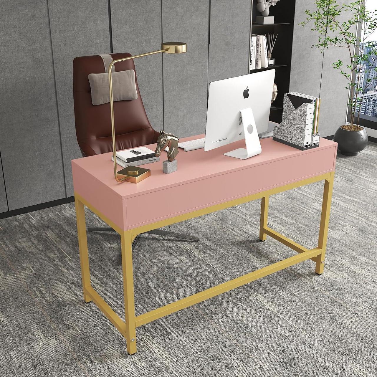 Alt view image 7 of 7 - WESTREE Women Makeup Vanity Desk with 2 Drawers - Bedroom Home Office Desk, Wooden Height Monitor Stand & Storage Shelf Without Mirror, Pink Table Great Gift for Her