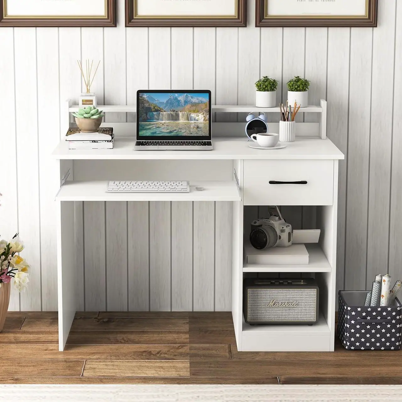 Alt view image 2 of 7 - Computer Desk, Office Desk with Drawers, Hutch, Keyboard Tray & Adjustable Shelf, Small Desk with Storage, Modern Home Office Desks, White Desk for Bedroom, Living Room, Study (White)