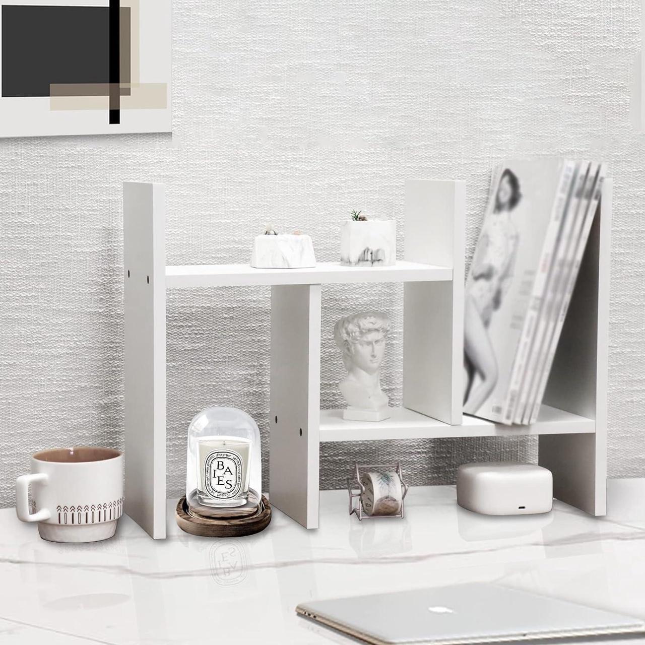 Alt view image 3 of 7 - MASAKA B&W - Kawaii Storage Desktop Organizer for Your Desk Space, Double H Plants Display Shelf, Home Office Storage Rack Adjustable Stackable for Office, Dormitory, Home - Free Standing Shelf White