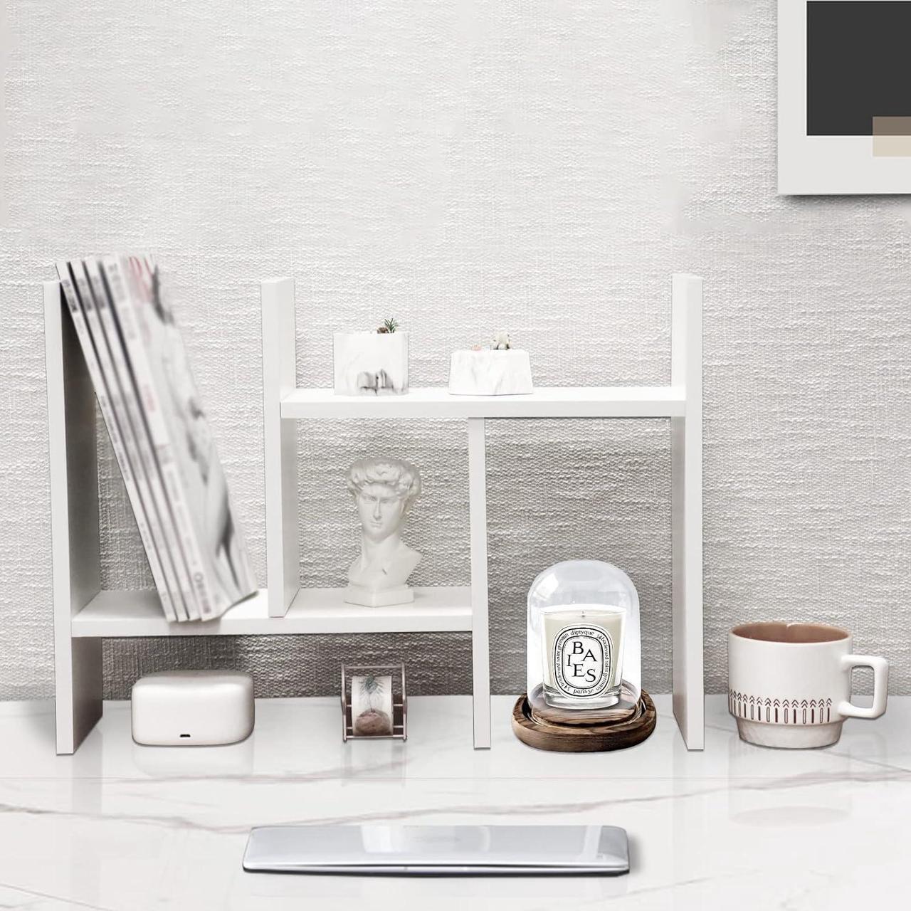 Alt view image 4 of 7 - MASAKA B&W - Kawaii Storage Desktop Organizer for Your Desk Space, Double H Plants Display Shelf, Home Office Storage Rack Adjustable Stackable for Office, Dormitory, Home - Free Standing Shelf White