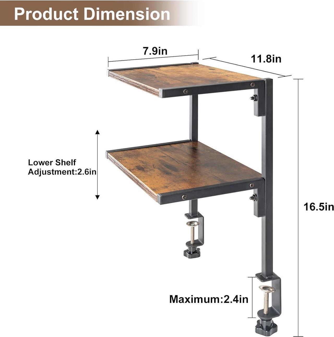 Alt view image 2 of 7 - Clamp On Desk Organizer Shelf, Desk Extender Side Table,12 Inch Clamp-on Above or Under Desktop Storage Shelf,2 Tier Small Desk Extension Shelving Unit for Table Accessories(Brown)
