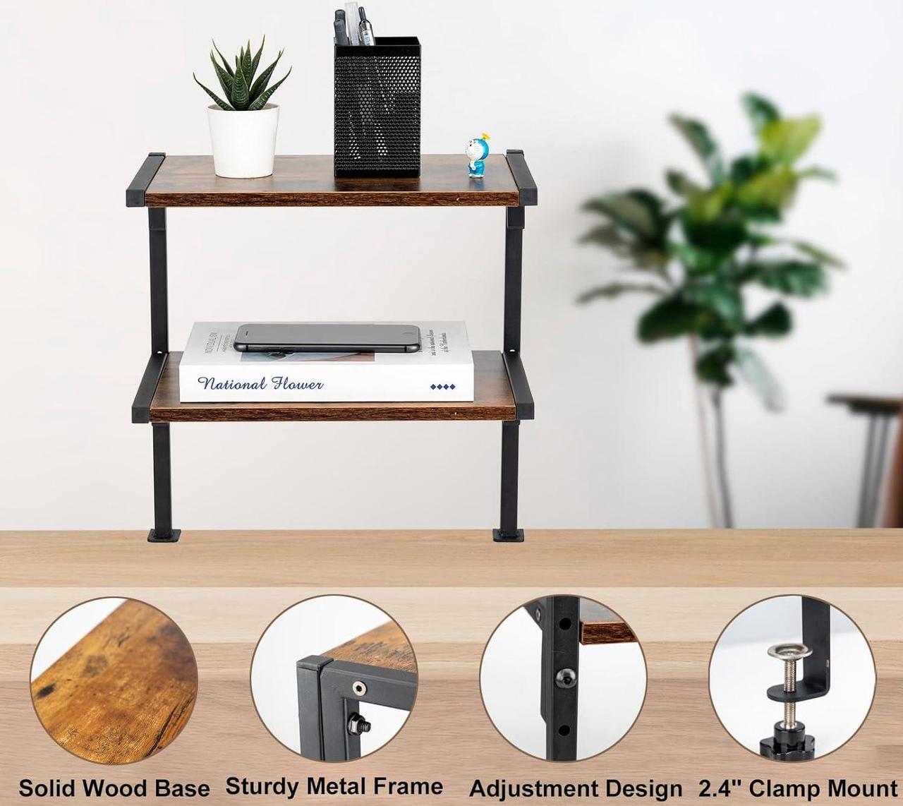 Alt view image 3 of 7 - Clamp On Desk Organizer Shelf, Desk Extender Side Table,12 Inch Clamp-on Above or Under Desktop Storage Shelf,2 Tier Small Desk Extension Shelving Unit for Table Accessories(Brown)