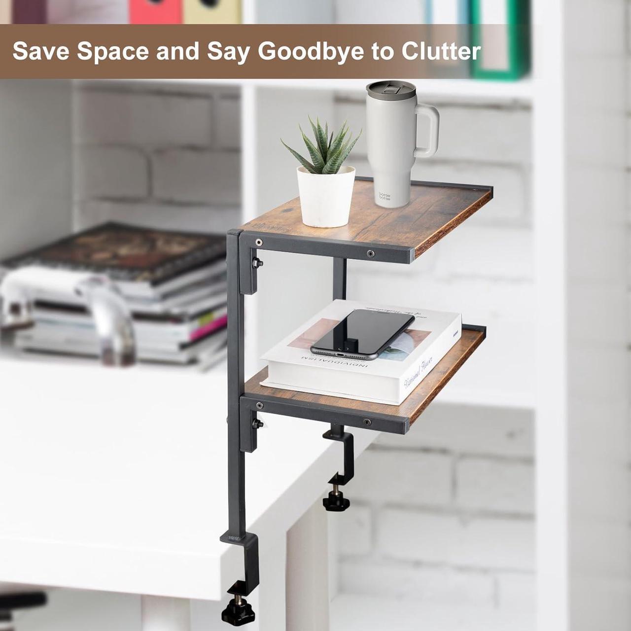 Alt view image 4 of 7 - Clamp On Desk Organizer Shelf, Desk Extender Side Table,12 Inch Clamp-on Above or Under Desktop Storage Shelf,2 Tier Small Desk Extension Shelving Unit for Table Accessories(Brown)