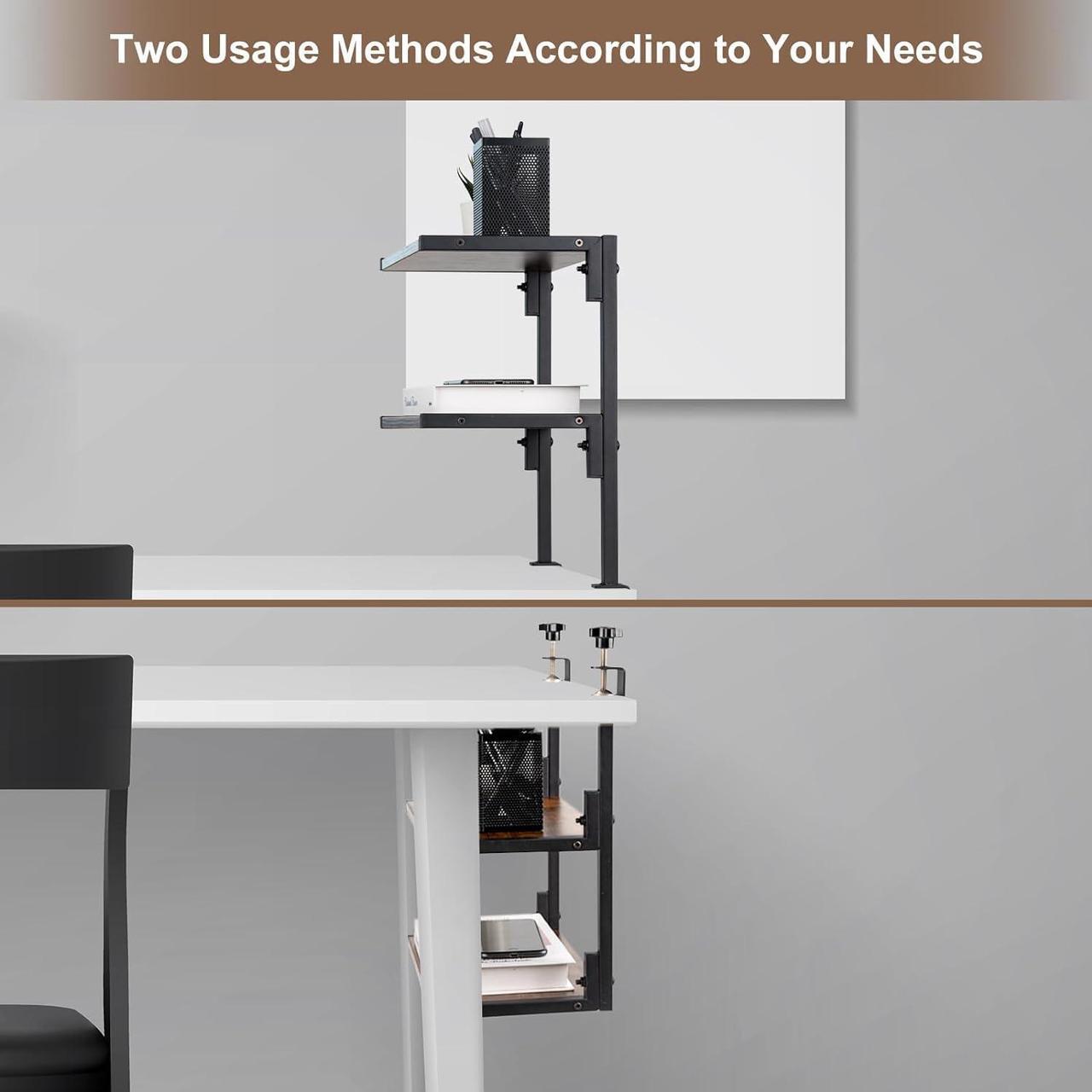 Alt view image 6 of 7 - Clamp On Desk Organizer Shelf, Desk Extender Side Table,12 Inch Clamp-on Above or Under Desktop Storage Shelf,2 Tier Small Desk Extension Shelving Unit for Table Accessories(Brown)