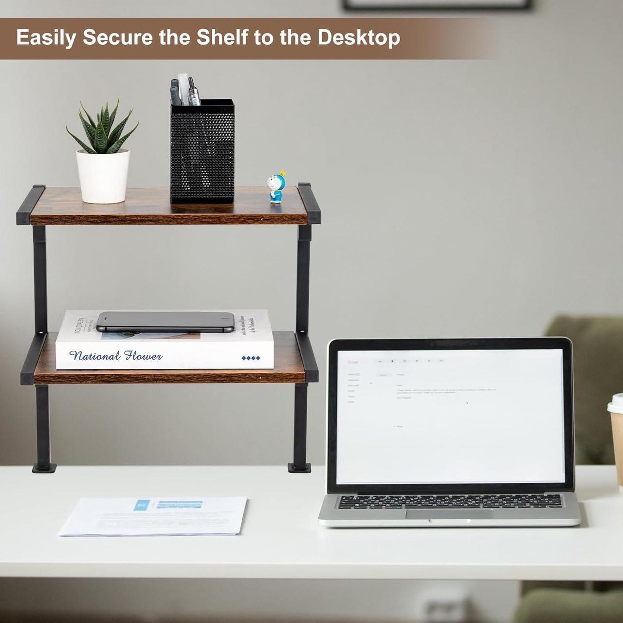 Alt view image 5 of 7 - Clamp On Desk Organizer Shelf, Desk Extender Side Table,12 Inch Clamp-on Above or Under Desktop Storage Shelf,2 Tier Small Desk Extension Shelving Unit for Table Accessories(Brown)