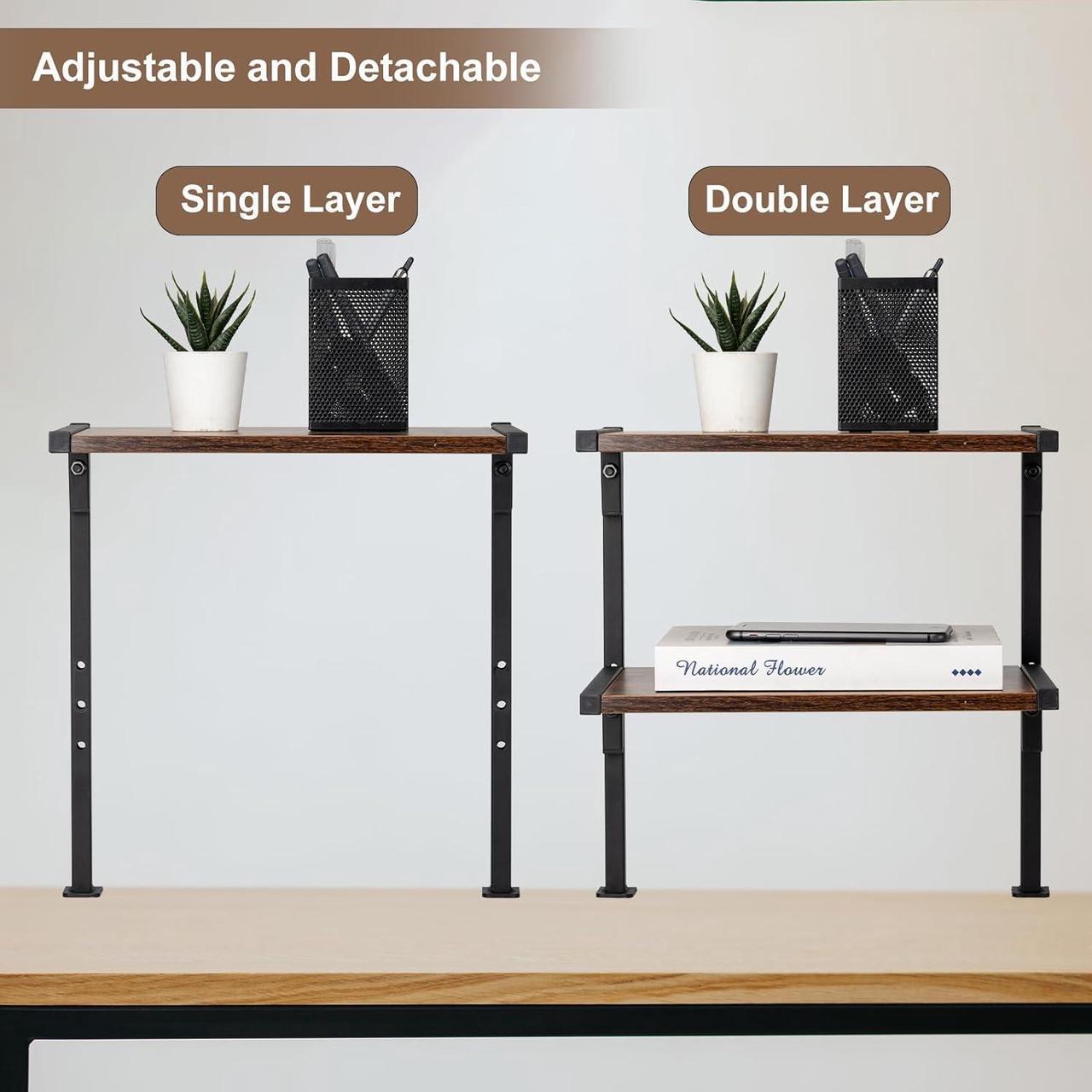 Alt view image 7 of 7 - Clamp On Desk Organizer Shelf, Desk Extender Side Table,12 Inch Clamp-on Above or Under Desktop Storage Shelf,2 Tier Small Desk Extension Shelving Unit for Table Accessories(Brown)