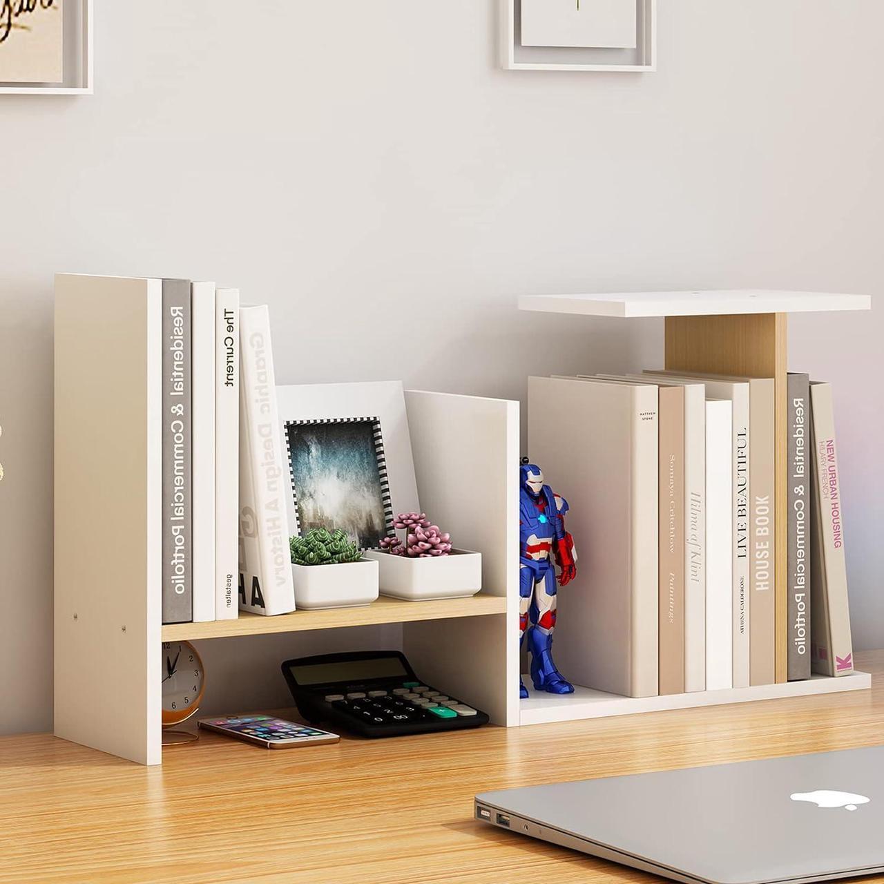 Alt view image 3 of 7 - White Desk Organizers and Storage Small Desktop Bookshelf Length Expandable Desk Organization Shelves Counter Corner Book Shelf Adjustable Narrow Book Organizer for Desk Countertop