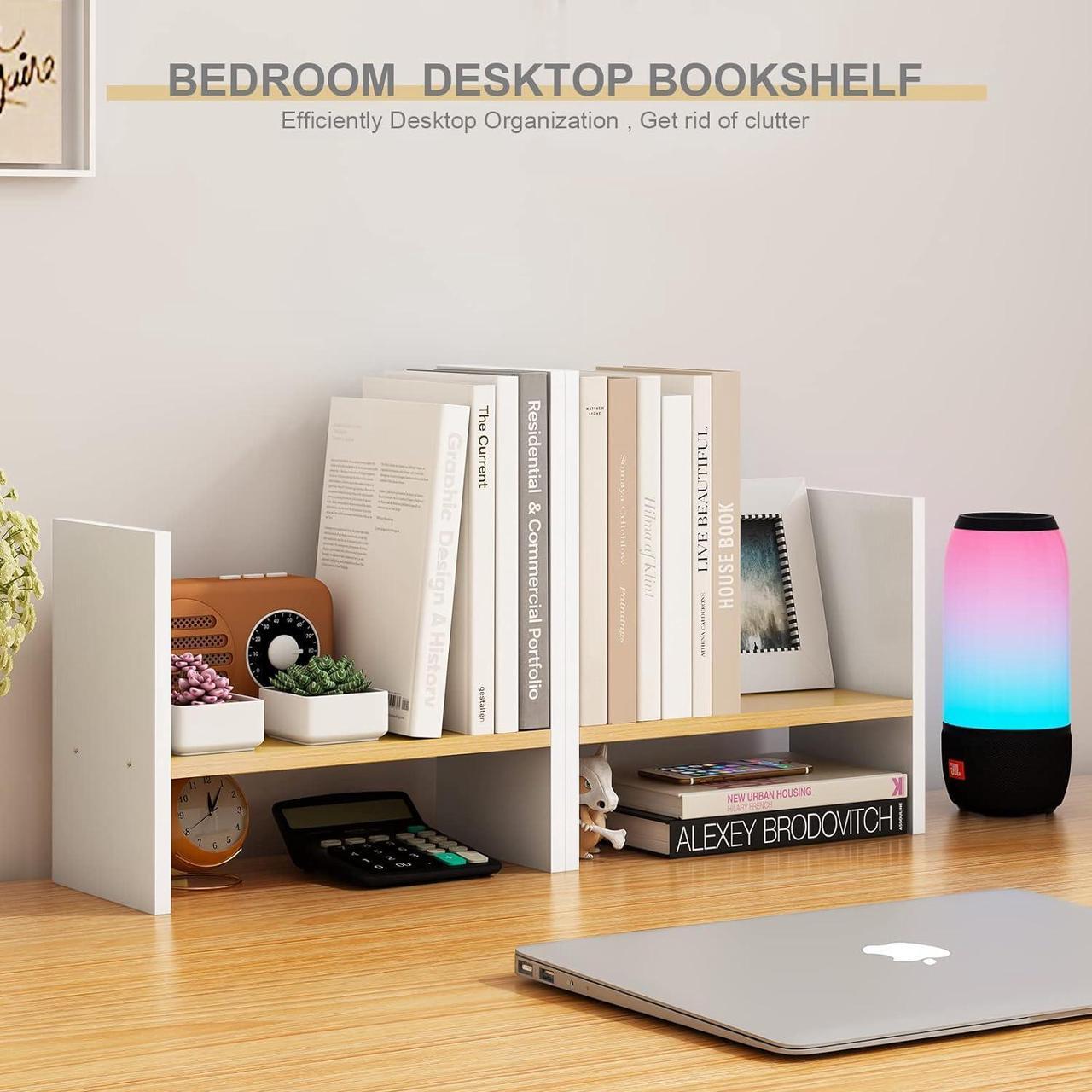 Alt view image 4 of 7 - White Desk Organizers and Storage Small Desktop Bookshelf Length Expandable Desk Organization Shelves Counter Corner Book Shelf Adjustable Narrow Book Organizer for Desk Countertop