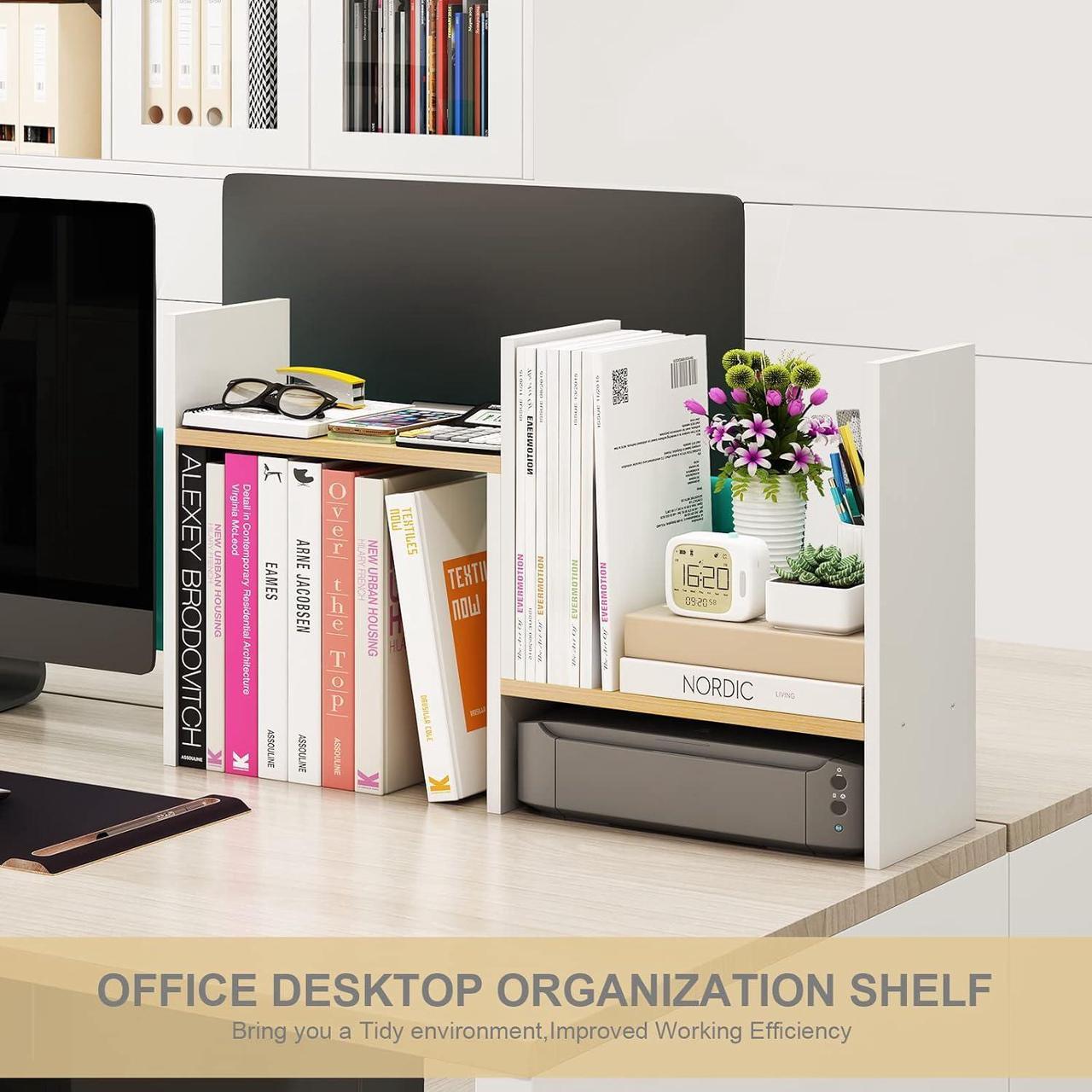 Alt view image 6 of 7 - White Desk Organizers and Storage Small Desktop Bookshelf Length Expandable Desk Organization Shelves Counter Corner Book Shelf Adjustable Narrow Book Organizer for Desk Countertop