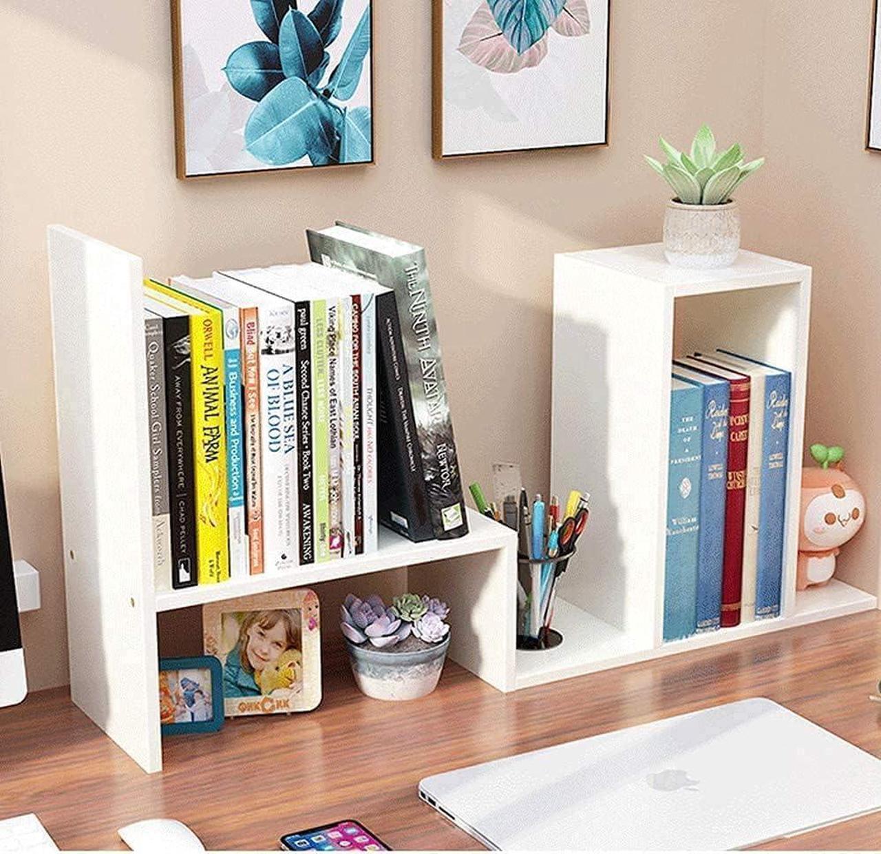Alt view image 6 of 7 - GTIN Expandable Wood Desktop Bookshelf,Desktop Organizer Office Storage Rack,Wood Display Shelf-Free Style Display Stand Shelf,Corner Desk Storage Shelf,Countertop Bookcase for Office Supplies