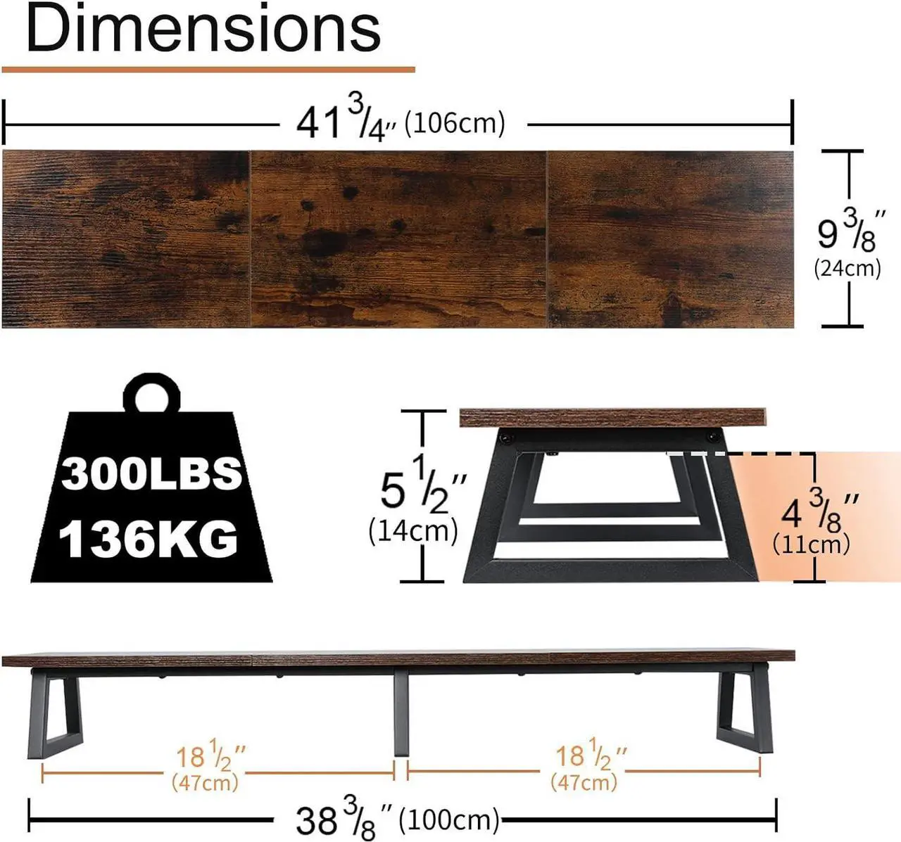 Alt view image 5 of 7 - TEAMIX 42 inch Large [Dual] [Monitor] [Riser],Rustic Brown Extra Long TV [Stand Wood & Steel Desktop [Riser] with Storage for [Dual] Screen Office Desk Organization