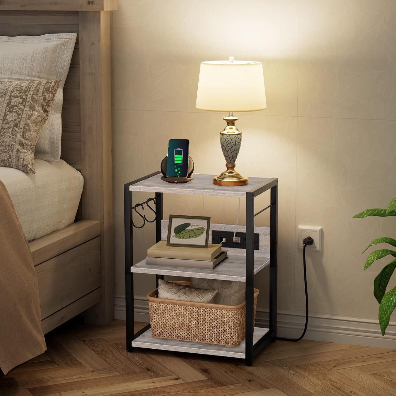 Alt view image 3 of 7 - Industrial Printer Cart, 3-Tier Mobile Printer Stand, Rolling Cart with Power Outlets and USB Ports, Home Printer Stand with 2 Hooks, for Office, Living Room, Greige PTHG40E01