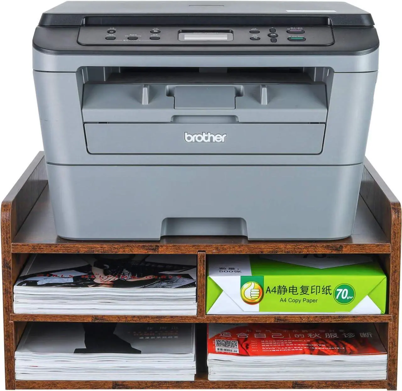 Main image of PAG 3 Tier Desktop Printer Stand with Storage, Paper Storage Holder Rack for Desk, Wooden Printer Organization for Home/Office, Antique Brown