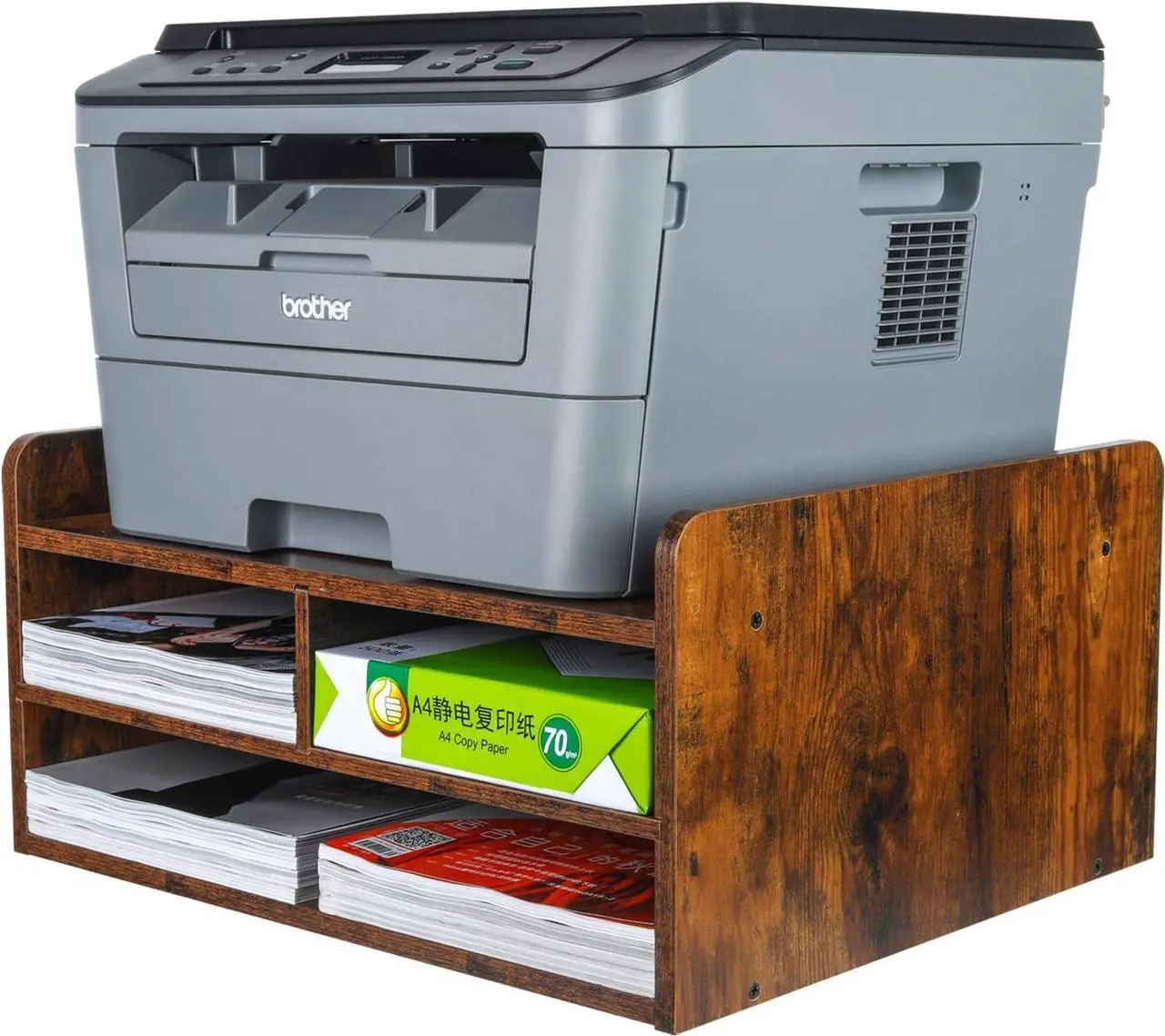 Alt view image 2 of 6 - PAG 3 Tier Desktop Printer Stand with Storage, Paper Storage Holder Rack for Desk, Wooden Printer Organization for Home/Office, Antique Brown