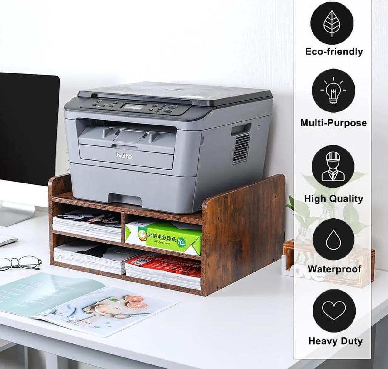 Alt view image 5 of 6 - PAG 3 Tier Desktop Printer Stand with Storage, Paper Storage Holder Rack for Desk, Wooden Printer Organization for Home/Office, Antique Brown