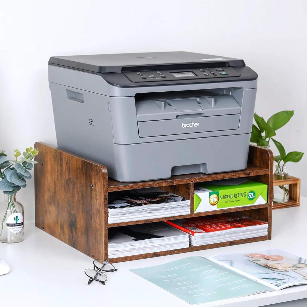 Alt view image 6 of 6 - PAG 3 Tier Desktop Printer Stand with Storage, Paper Storage Holder Rack for Desk, Wooden Printer Organization for Home/Office, Antique Brown