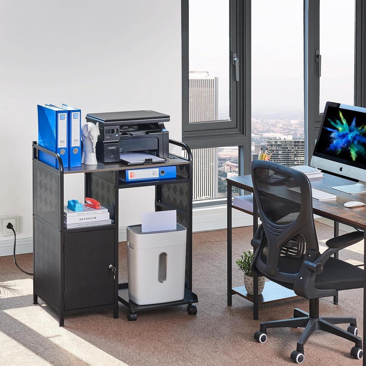 Alt view image 2 of 7 - Lauren&Harold Large Printer Stand with Storage and Paper Shredder Stand with Wheels, Locking Lateral File Cabinet with Socket and USB Charging Port, Printer Table Shelves Printer Cart for Home Office
