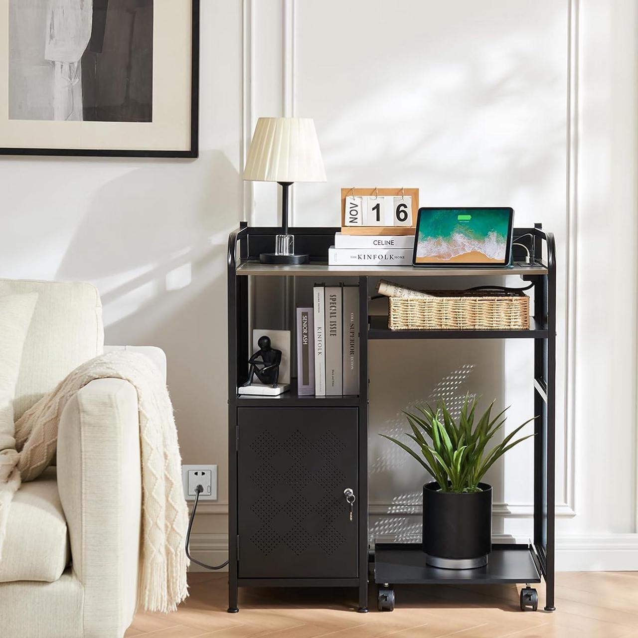 Alt view image 3 of 7 - Lauren&Harold Large Printer Stand with Storage and Paper Shredder Stand with Wheels, Locking Lateral File Cabinet with Socket and USB Charging Port, Printer Table Shelves Printer Cart for Home Office