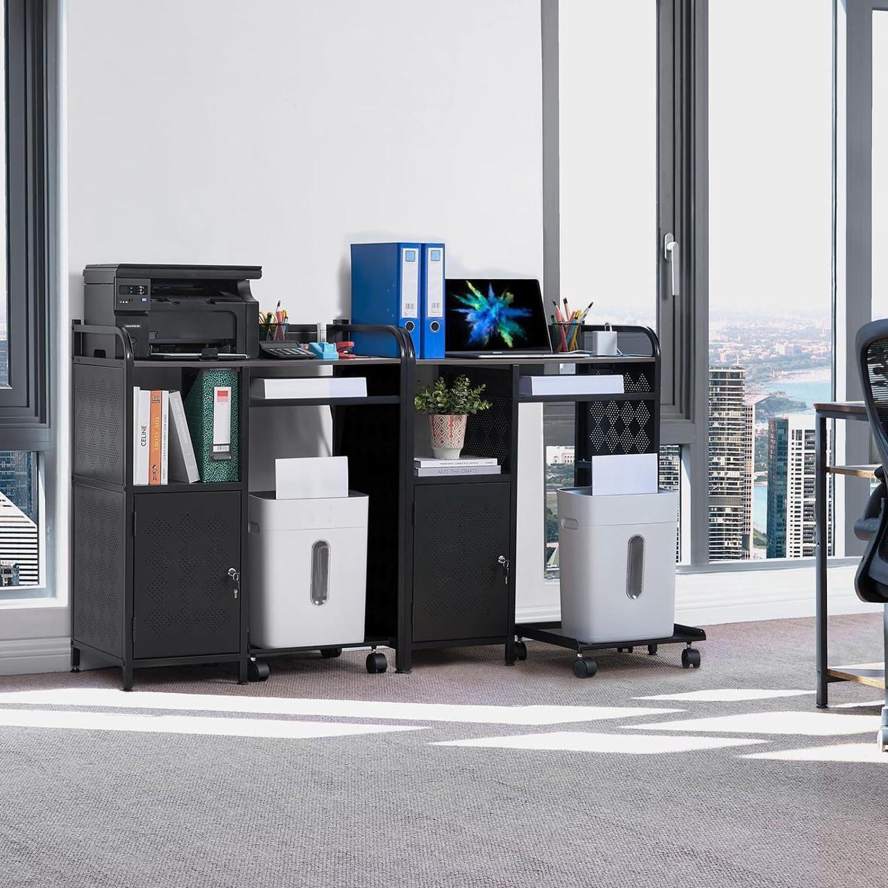 Alt view image 6 of 7 - Lauren&Harold Large Printer Stand with Storage and Paper Shredder Stand with Wheels, Locking Lateral File Cabinet with Socket and USB Charging Port, Printer Table Shelves Printer Cart for Home Office