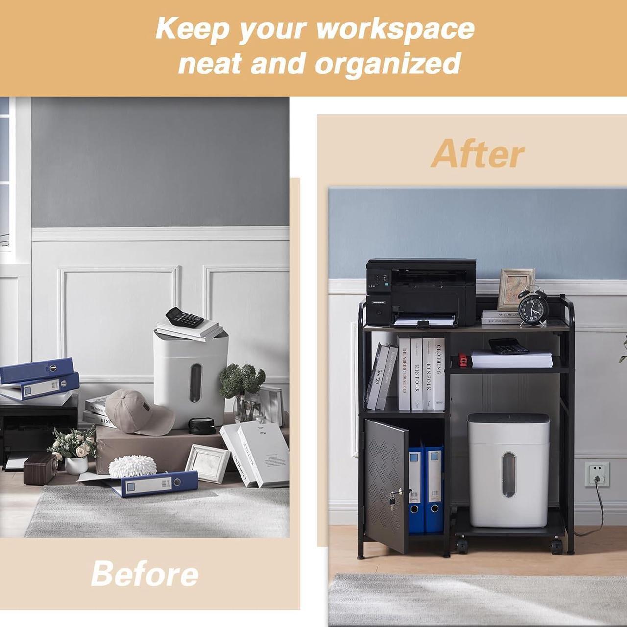 Alt view image 7 of 7 - Lauren&Harold Large Printer Stand with Storage and Paper Shredder Stand with Wheels, Locking Lateral File Cabinet with Socket and USB Charging Port, Printer Table Shelves Printer Cart for Home Office