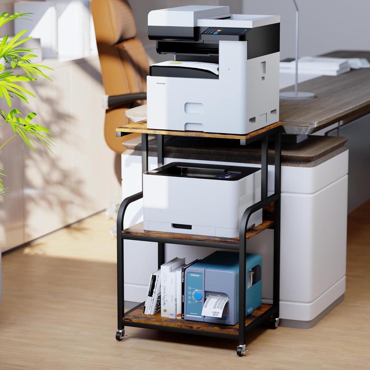 Alt view image 2 of 7 - EasyCom Printer Stand- Large 3 Tier Printer Table with Wheels- Industrial Printer Storage Cart- Rolling Printer Cart with Storage Shelf for Printer Scanner Fax Home Office Use- Rustic Brown