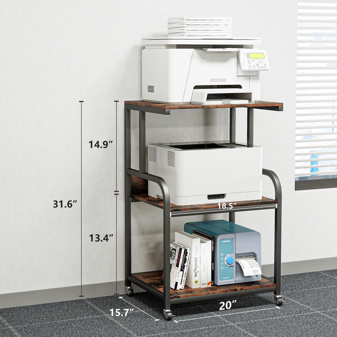 Alt view image 3 of 7 - EasyCom Printer Stand- Large 3 Tier Printer Table with Wheels- Industrial Printer Storage Cart- Rolling Printer Cart with Storage Shelf for Printer Scanner Fax Home Office Use- Rustic Brown