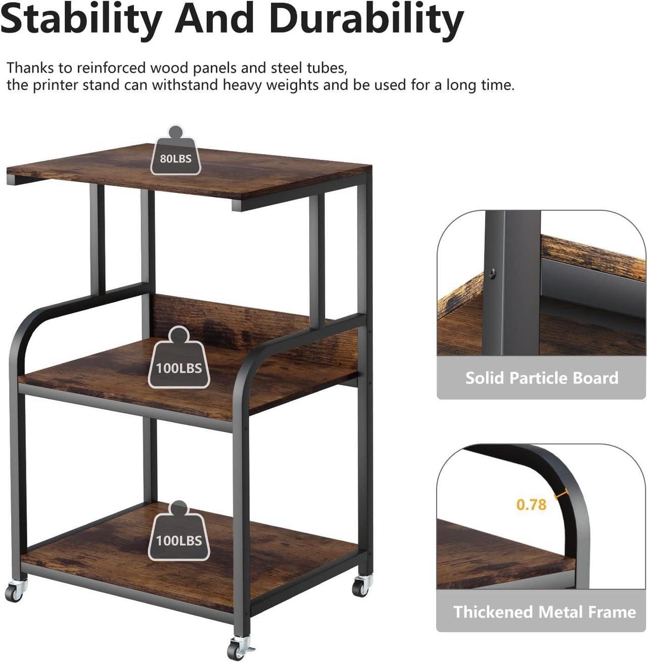 Alt view image 4 of 7 - EasyCom Printer Stand- Large 3 Tier Printer Table with Wheels- Industrial Printer Storage Cart- Rolling Printer Cart with Storage Shelf for Printer Scanner Fax Home Office Use- Rustic Brown