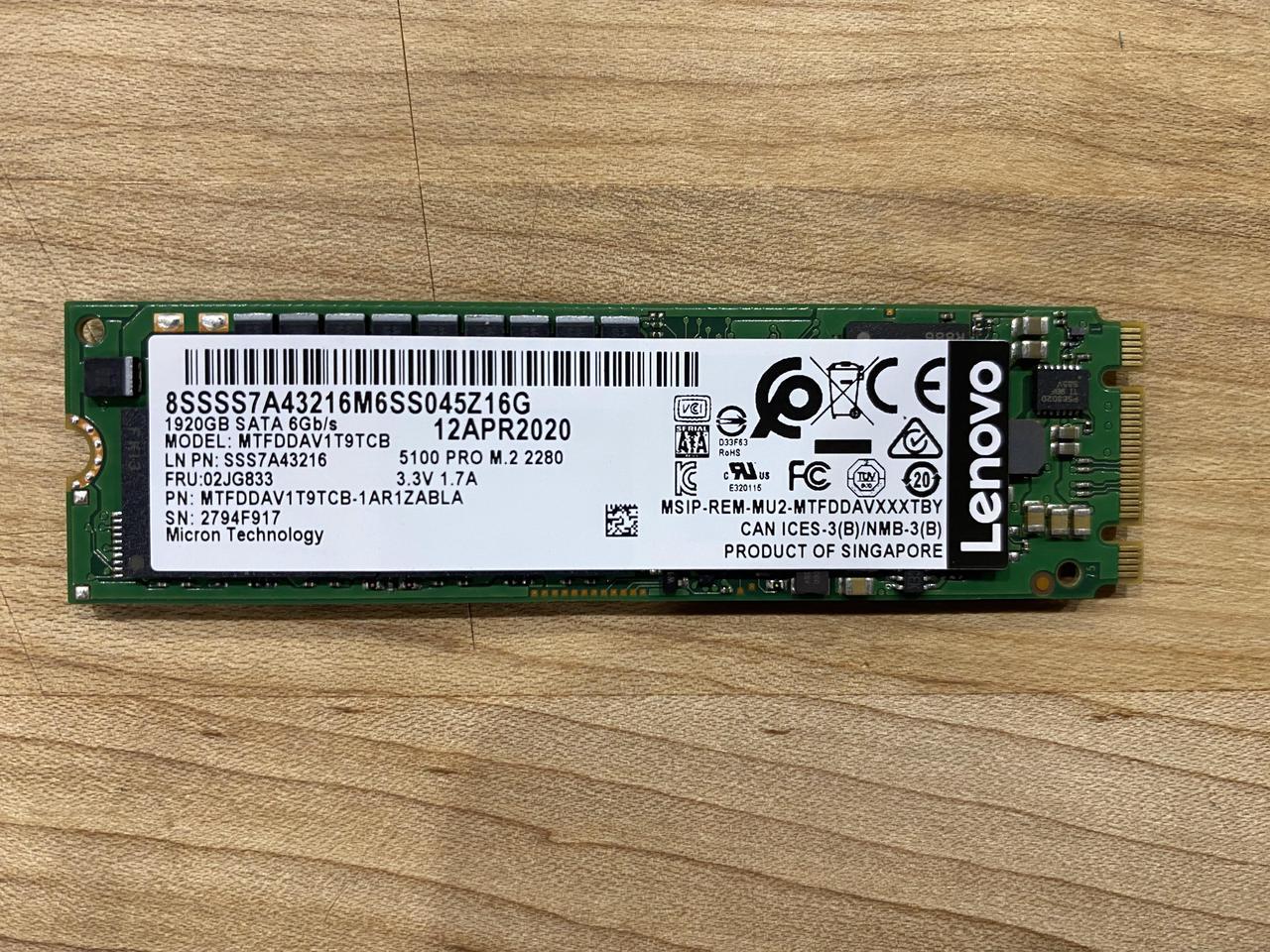 4XB7A39425 02JG833 SSS7A43216
LENOVO MICRON 5100 1.92TB SATA M.2 SSD MTFDDAV1T9TCB