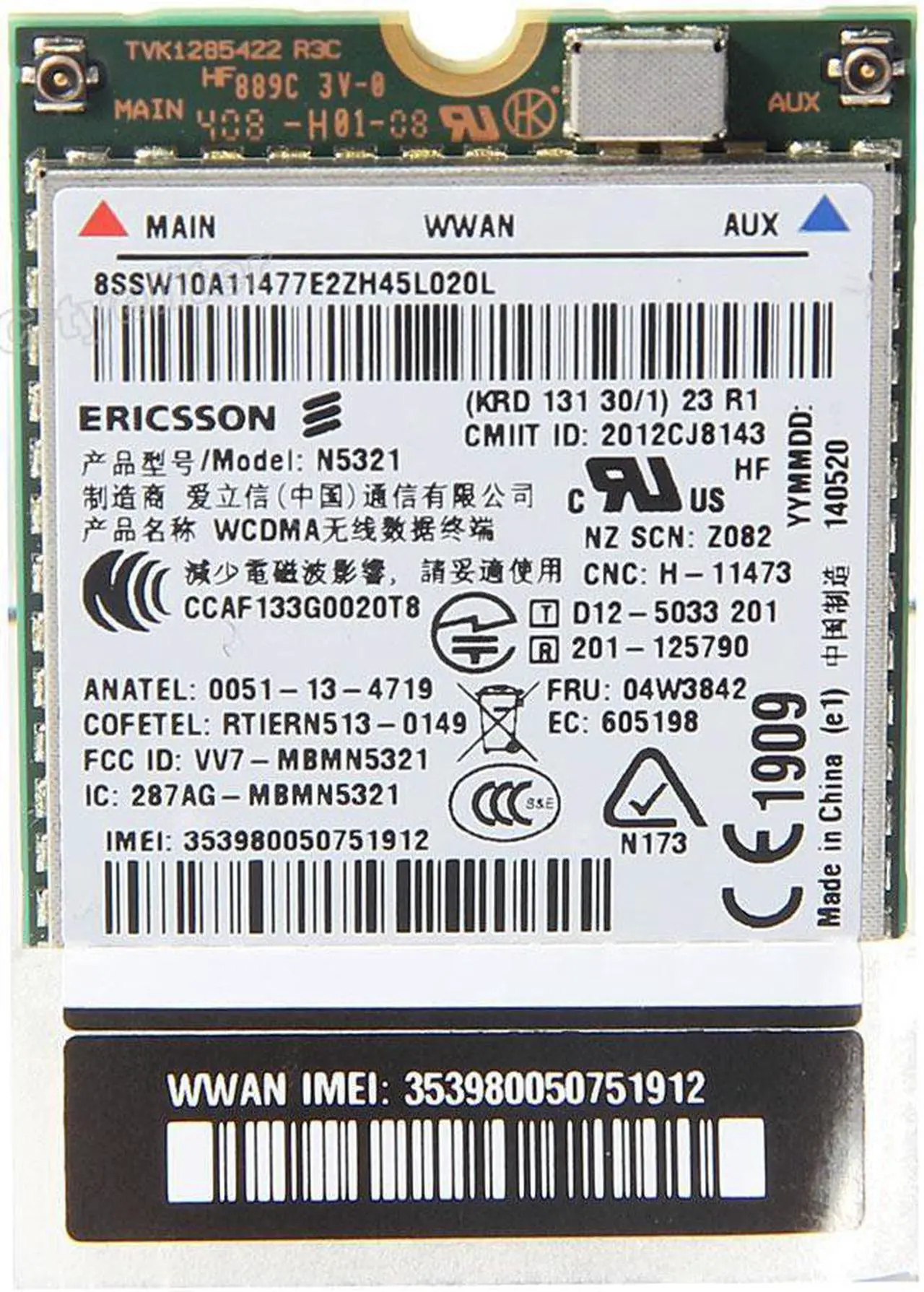 Main image of Ericsson N5321GW Wireless 3G WWAN NGFF Card For IBM X230s X240 W540 FRU 04W3842