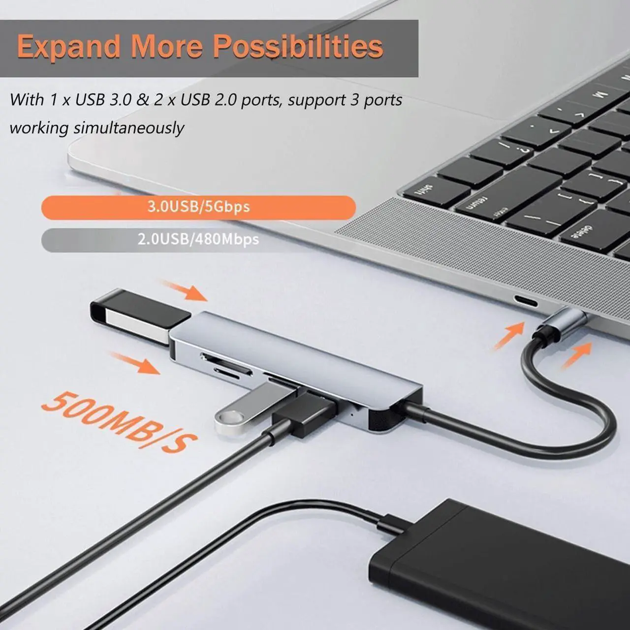 Alt view image 2 of 7 - Aluminum 5 in 1 USB C & USB Hub with USB 3.0, 2*USB 2.0 Ports, TF/SD Card Reader for PC/Laptops/MacBook Pro/Air/iMac/iPad and More Devices
