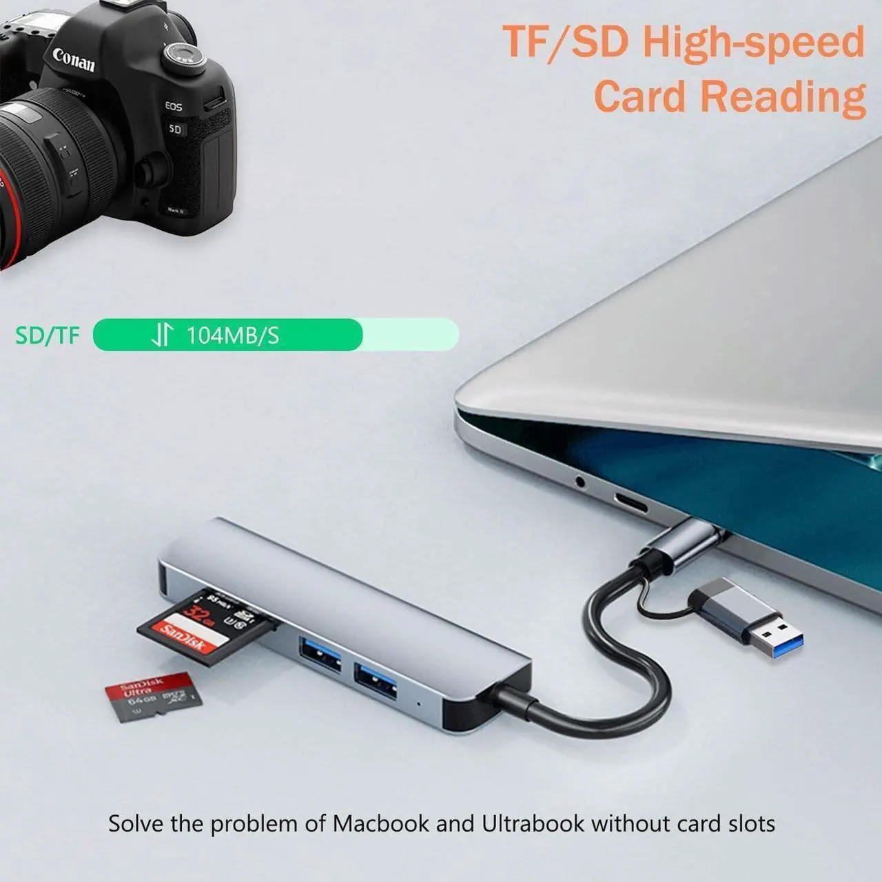 Alt view image 3 of 7 - Aluminum 5 in 1 USB C & USB Hub with USB 3.0, 2*USB 2.0 Ports, TF/SD Card Reader for PC/Laptops/MacBook Pro/Air/iMac/iPad and More Devices