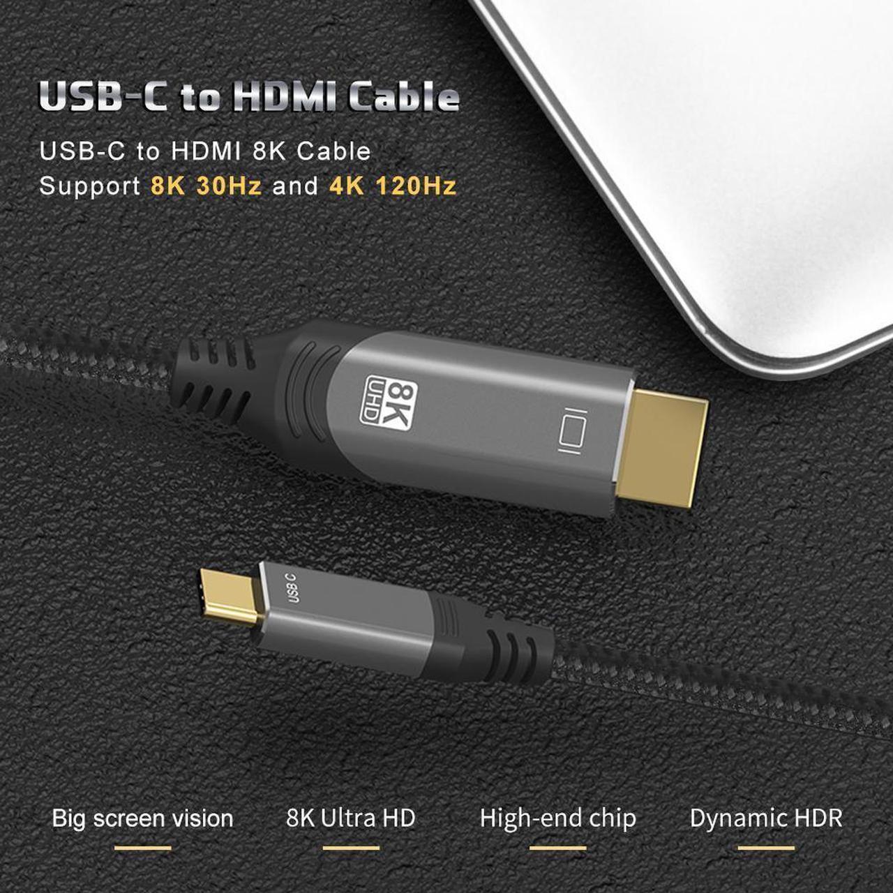Alt view image 2 of 7 - USB C to HDMI 2.1 Cable [8K@30Hz,4K@120Hz,2K@165Hz] 3.3Ft Type C to HDMI 8K Braided Cord [Thunderbolt 3/4 Compatible] Support HDCP2.3/HDR/DSC for MacBook Pro/Air,iPhone 15/Plus/Pro/Pro Max