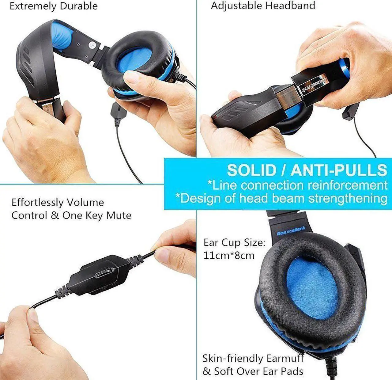 Alt view image 3 of 7 - Beexcellent Gaming Headset with Mic for Xbox One PS4, Xbox One Headset, PS4 Headset, Over-Ear Gaming Headphones with Volume Control LED Light 3.5mm Audio Jack for Laptop PC iPad Smartphones, Blue