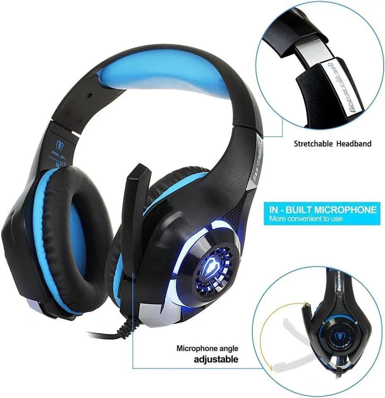 Alt view image 5 of 7 - Beexcellent Gaming Headset with Mic for Xbox One PS4, Xbox One Headset, PS4 Headset, Over-Ear Gaming Headphones with Volume Control LED Light 3.5mm Audio Jack for Laptop PC iPad Smartphones, Blue