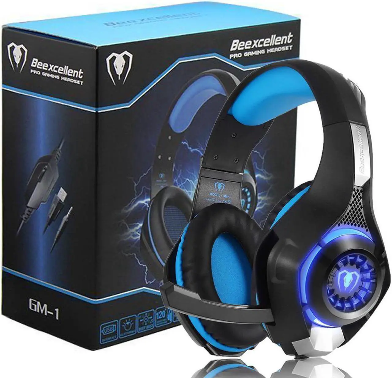 Main image of Beexcellent Gaming Headset with Mic for Xbox One PS4, Xbox One Headset, PS4 Headset, Over-Ear Gaming Headphones with Volume Control LED Light 3.5mm Audio Jack for Laptop PC iPad Smartphones, Blue