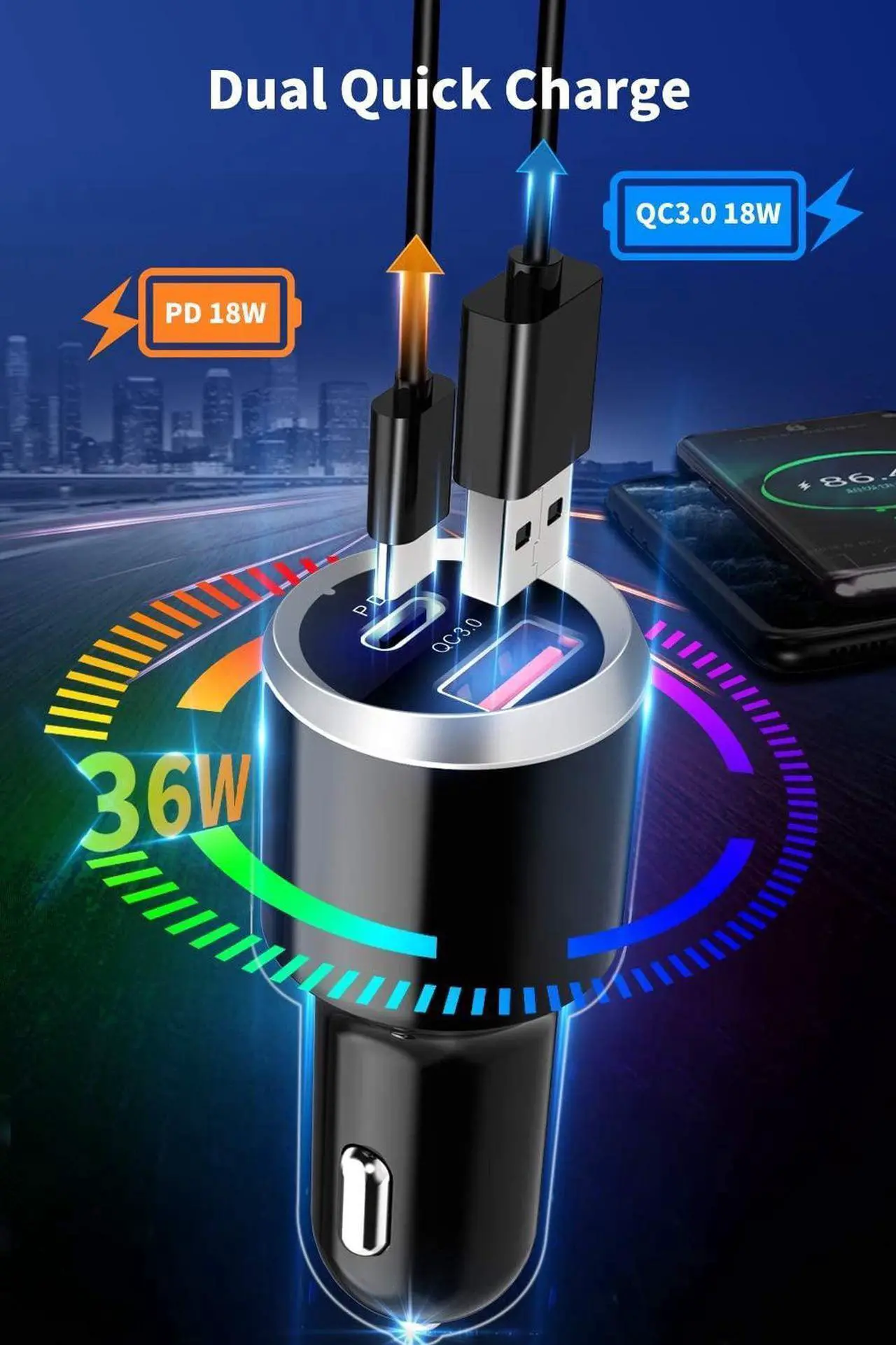Alt view image 4 of 7 - BC71 Bluetooth 5.0 Car Adapter, QC3.0+USB-C 18W Fast Charger Wireless Bluetooth Car FM Transmitter, Car Bluetooth Adapter with 7 LED Backlit, Hands-Free Calls, 2 USB Ports+USB-C, Support TF Card