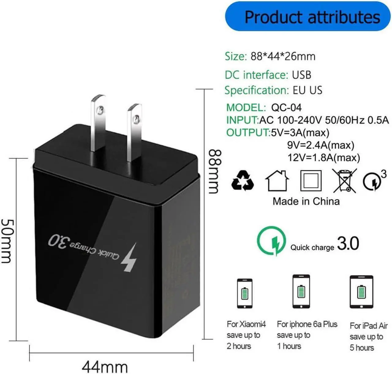Alt view image 3 of 7 - Quick Charge 3.0 48W QC 3.0 4.0 Fast charger USB portable Charging Mobile Phone Charger For iPhone Samsung Xiaomi Huawei Adapter-White