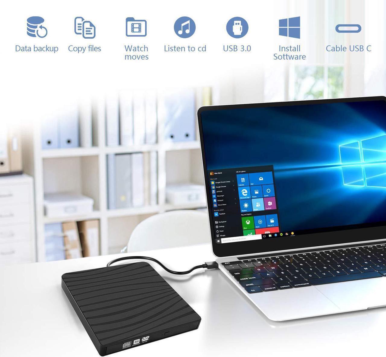 Alt view image 2 of 7 - External CD Drive,  USB 3.0 & USB-C External DVD CD Drive, Burner High Speed Data Transfer USB DVD Player for Laptop Notebook PC Desktops Support Windows/Vista/7/8.1/10, Mac OSX and Linux OS BlacK