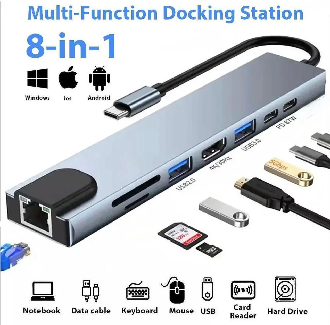 Main image of 8 in 1 USB C Hub with 4K HDMI, 100W PD, USB 3.0, USB2.0, TF/SD Card Reader, TF/SD Card Reader, Ethernet, Ultra Slim Portable USB Splitter Adapter for Laptop, HDD, Printer, Mouse, Keyboard